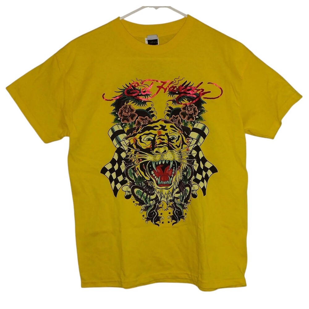 VTG Ed Hardy Kids Tee Boy's Size XL Tigers Roses Checkered Flags Yellow NWT